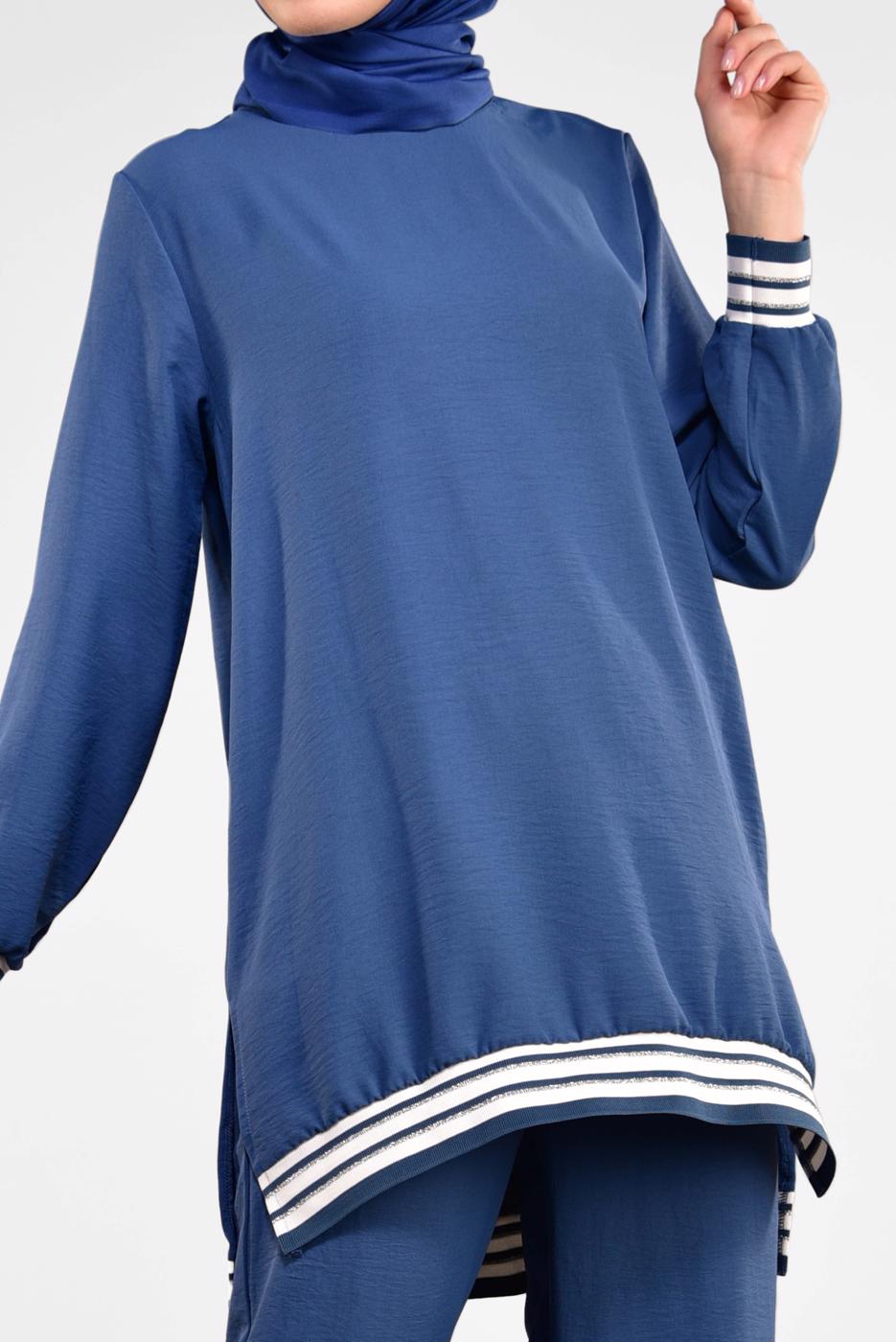 Tesettür giyim LACİVERT SİM DETAYLI ŞERİTLİ 2&prime;Lİ PANTOLONLU TAKIM 44681