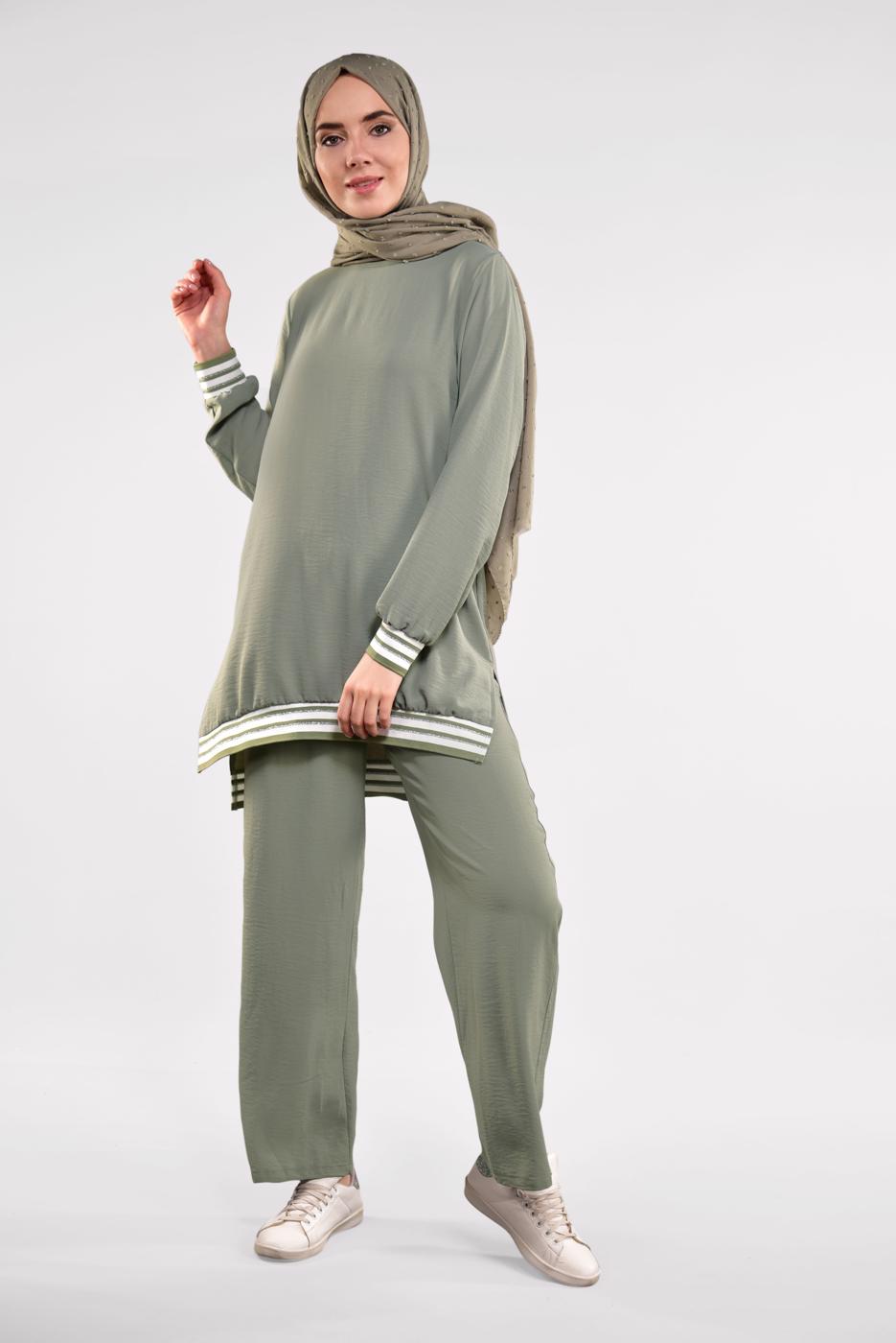 Tesettür giyim YEŞİL SİM DETAYLI ŞERİTLİ 2&prime;Lİ PANTOLONLU TAKIM 44681