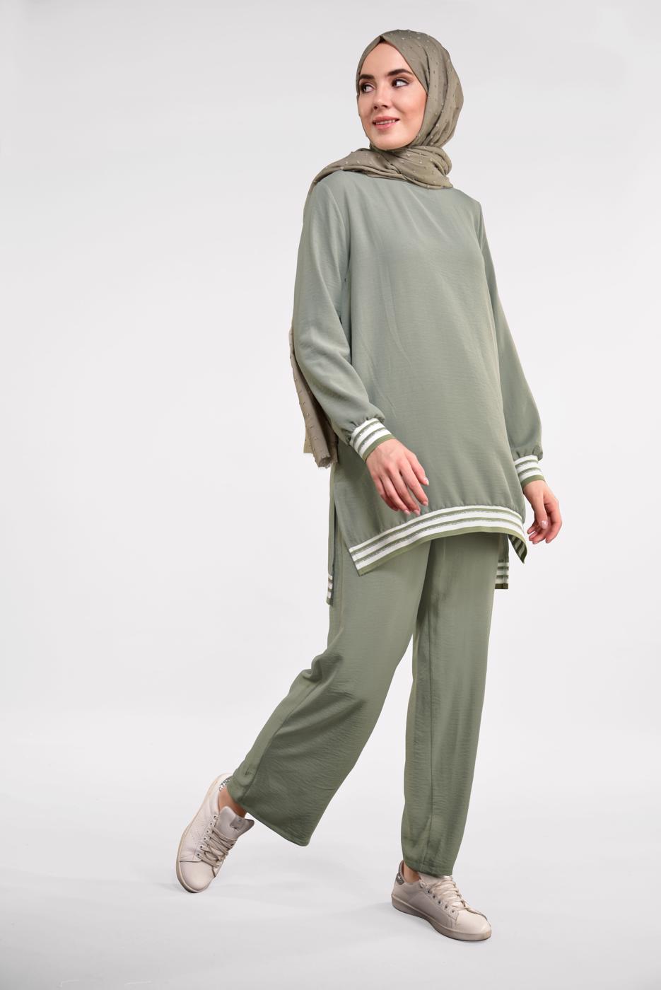 Tesettür giyim YEŞİL SİM DETAYLI ŞERİTLİ 2&prime;Lİ PANTOLONLU TAKIM 44681