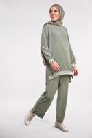 Tesettür giyim YEŞİL SİM DETAYLI ŞERİTLİ 2&prime;Lİ PANTOLONLU TAKIM 44681