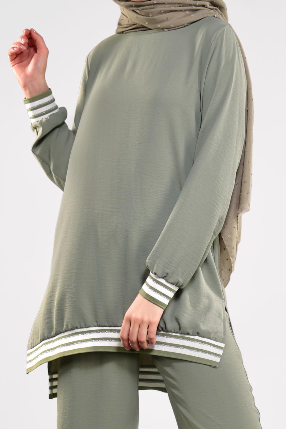 Tesettür giyim YEŞİL SİM DETAYLI ŞERİTLİ 2&prime;Lİ PANTOLONLU TAKIM 44681