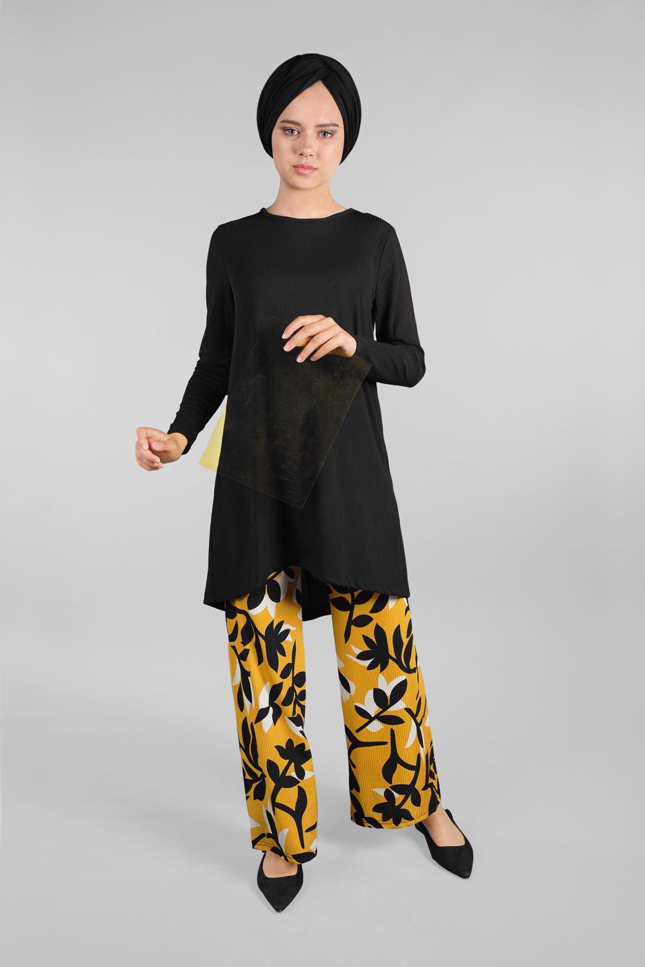 Tesettür giyim SİYAH  FİTİLLİ 2&prime;Lİ PANTOLONLU TAKIM 8016-1