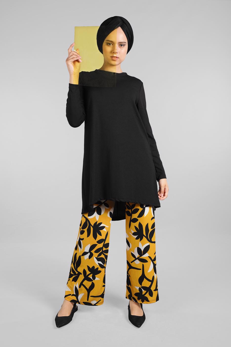 Tesettür giyim SİYAH  FİTİLLİ 2&prime;Lİ PANTOLONLU TAKIM 8016-1