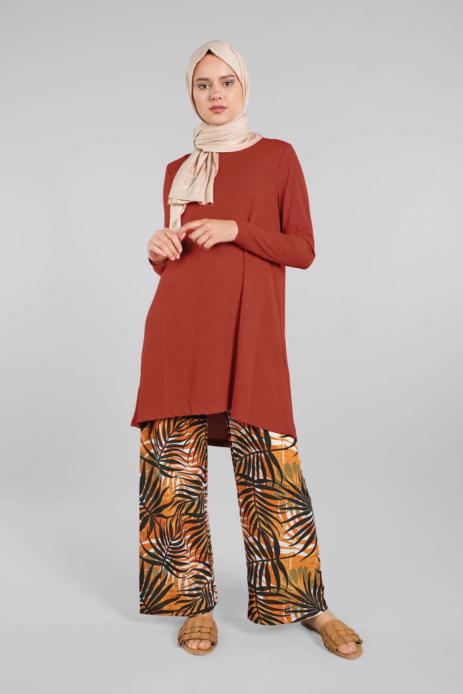 Tesettür giyim KAHVE FİTİLLİ 2&prime;Lİ PANTOLONLU TAKIM 8016-2  