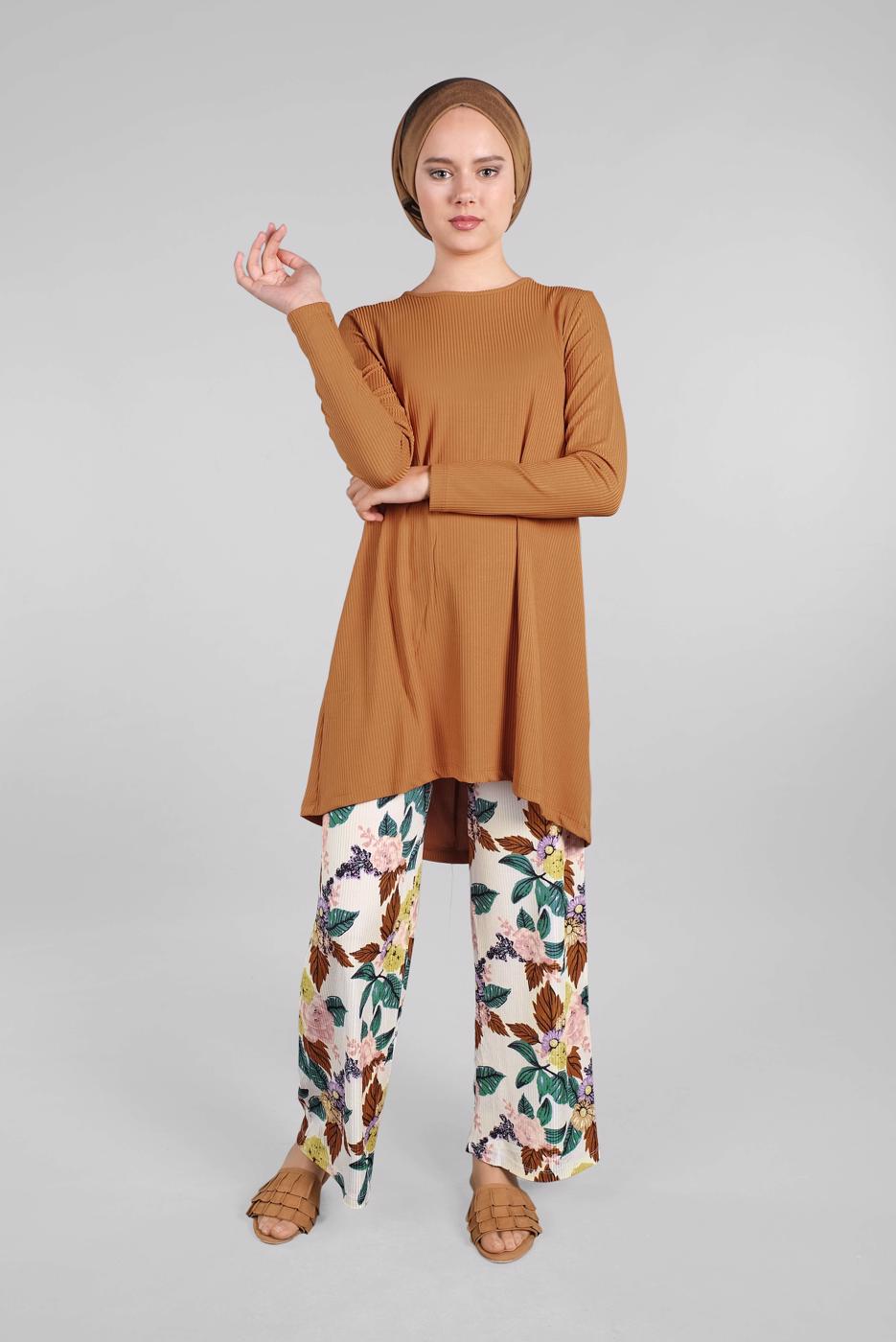 Tesettür giyim TABA ÇİÇEKLİ FİTİLLİ 2&prime;Lİ PANTOLONLU TAKIM 8016-3 