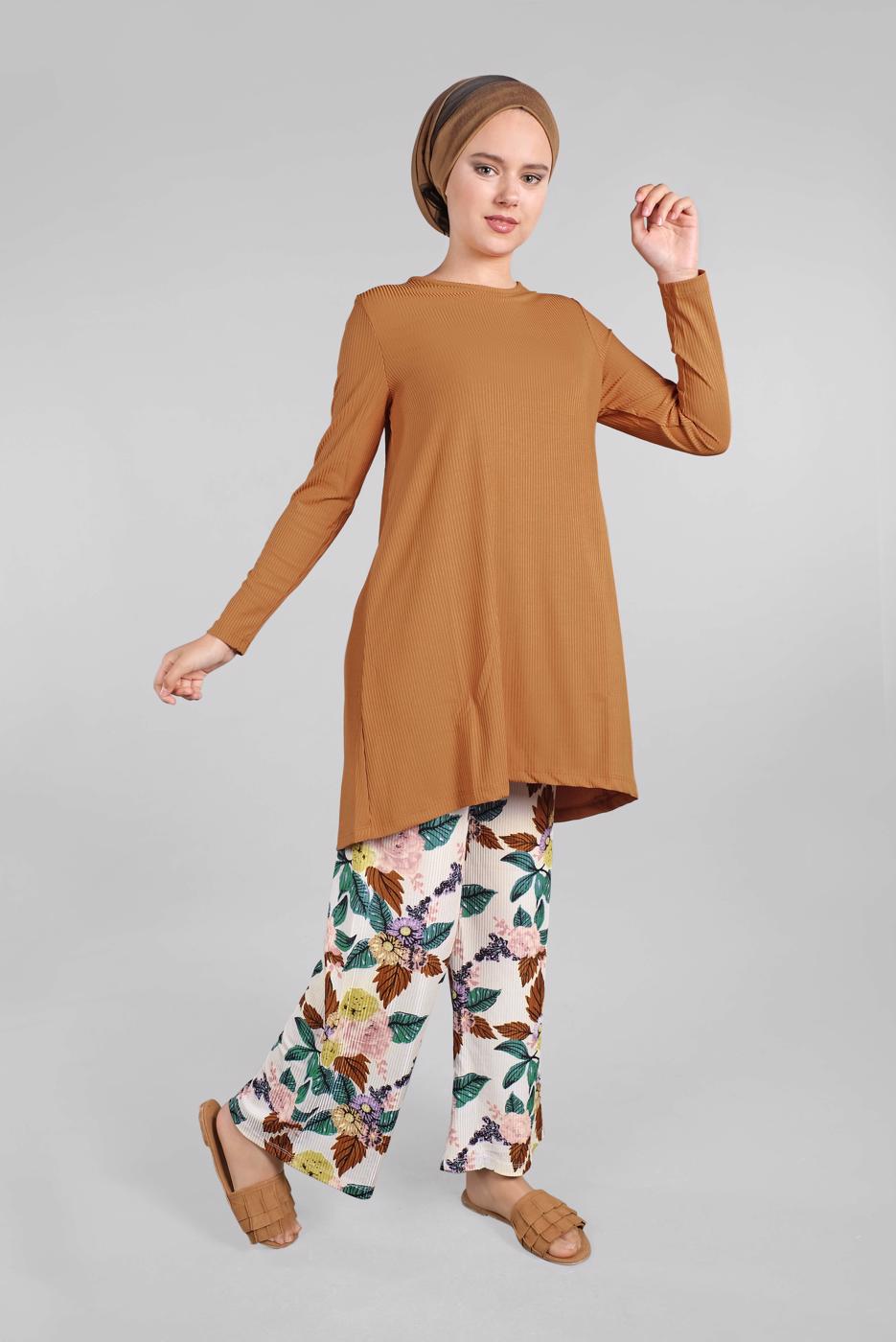 Tesettür giyim TABA ÇİÇEKLİ FİTİLLİ 2&prime;Lİ PANTOLONLU TAKIM 8016-3 