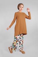 Tesettür giyim TABA ÇİÇEKLİ FİTİLLİ 2&prime;Lİ PANTOLONLU TAKIM 8016-3 