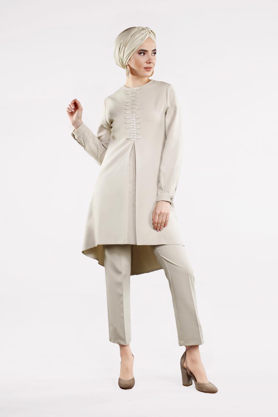 Tesettür giyim BEJ ETEK UCU OVAL KESİM KLASİK 2&prime;Lİ TAKIM 34791
