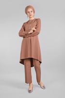 Tesettür giyim TURUNCU İŞLEME DETAYLI ETEK UCU OVAL KESİM 2&prime;Lİ PANTOLONLU TAKIM 44791