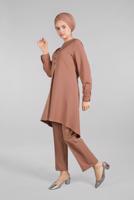 Tesettür giyim TURUNCU İŞLEME DETAYLI ETEK UCU OVAL KESİM 2&prime;Lİ PANTOLONLU TAKIM 44791