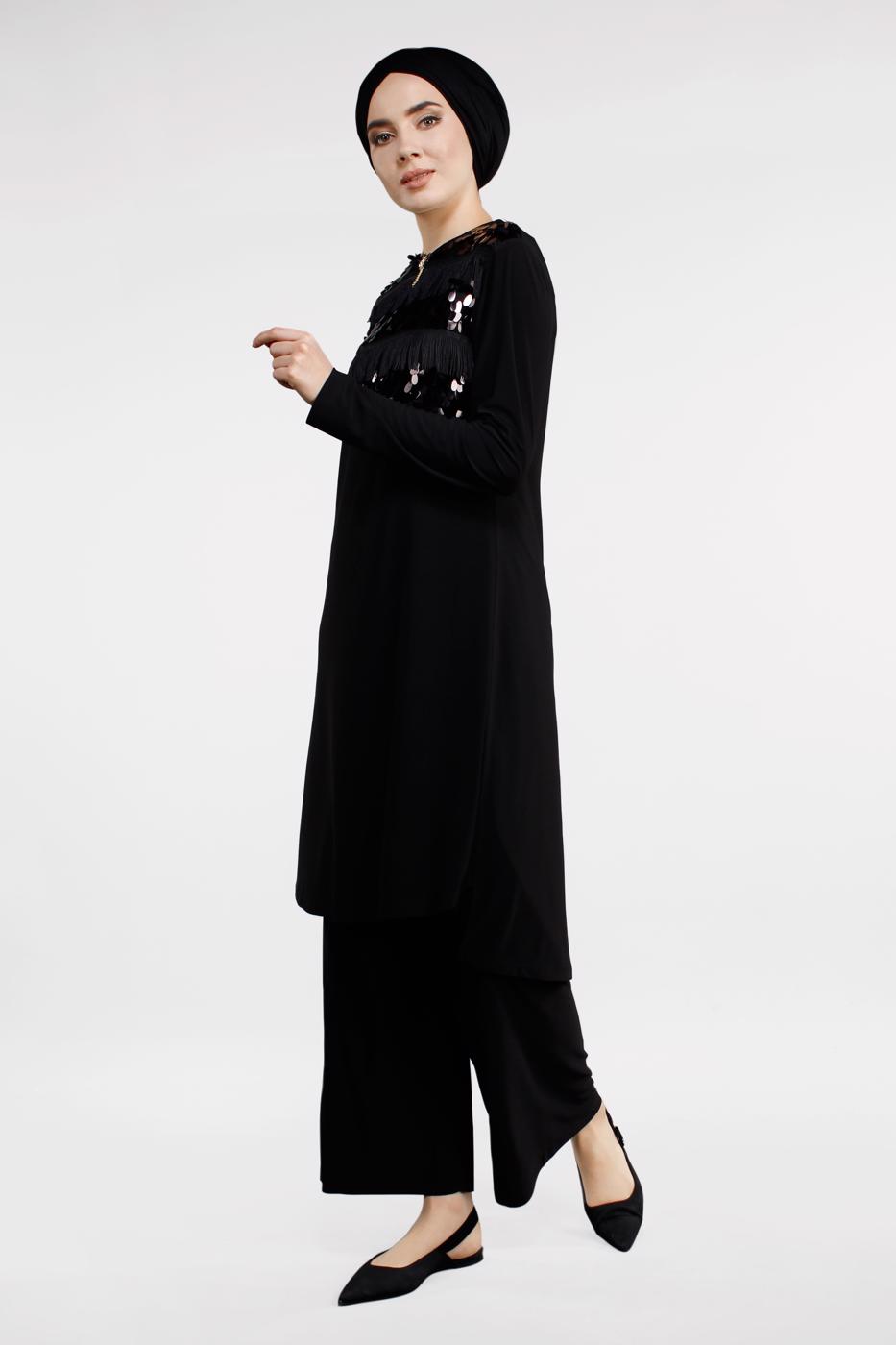 Tesettür giyim SİYAH PÜSKÜL VE PAYETLİ 2&prime;Lİ PANTOLONLU TAKIM 80891