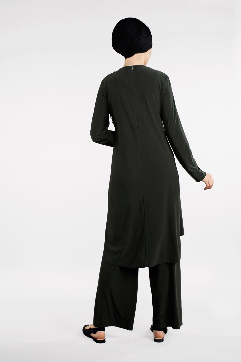 Tesettür giyim HAKİ PÜSKÜL VE PAYETLİ 2&prime;Lİ PANTOLONLU TAKIM 80891