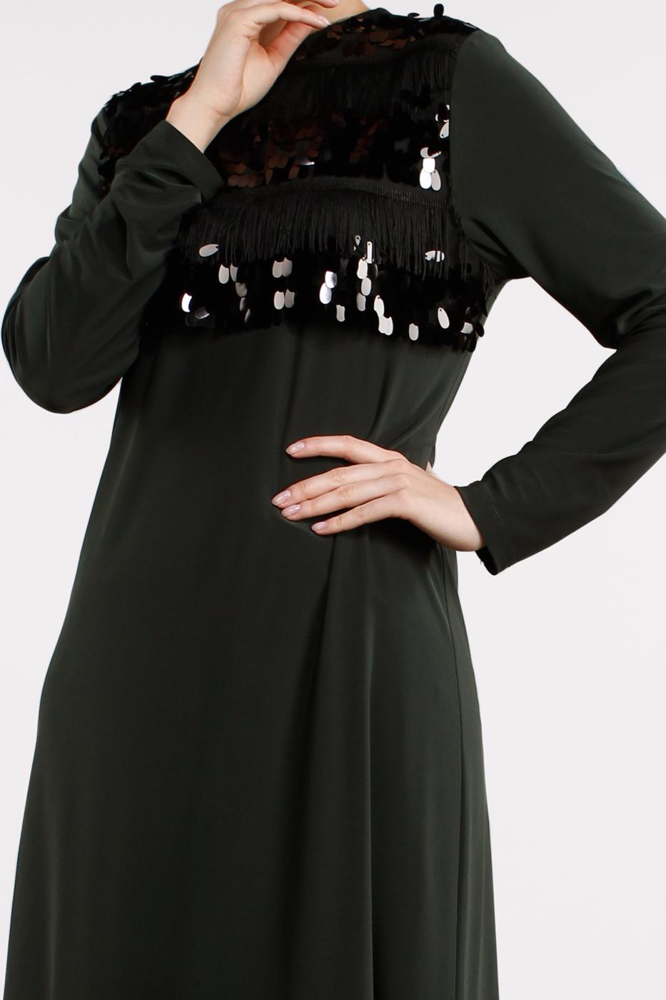 Tesettür giyim HAKİ PÜSKÜL VE PAYETLİ 2&prime;Lİ PANTOLONLU TAKIM 80891