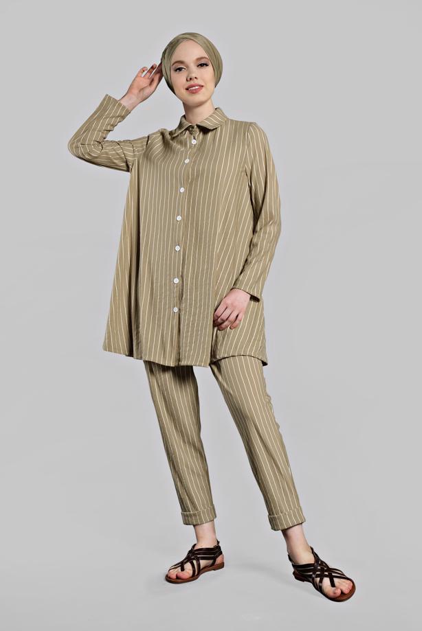 Vêtements hijab  Buttoned Stripe Patterned Binary Pants Suit T 86302  - TRENDTESETTÜR