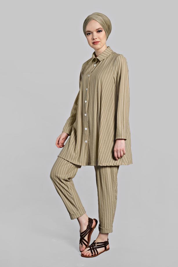 Vêtements hijab  Buttoned Stripe Patterned Binary Pants Suit T 86302  - TRENDTESETTÜR