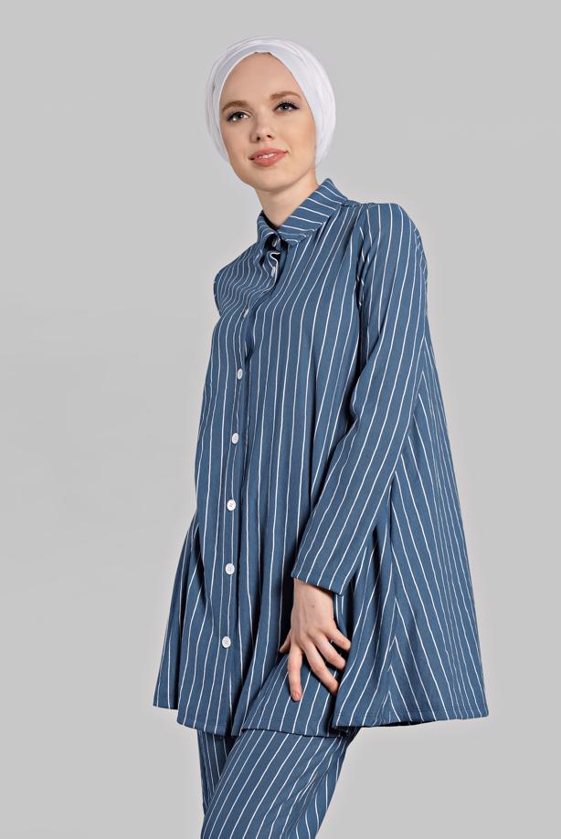 Vêtements hijab  Buttoned Stripe Patterned Binary Pants Suit T 86302  - TRENDTESETTÜR