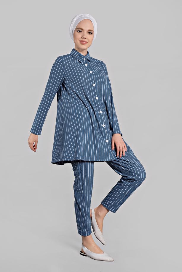 Vêtements hijab  Buttoned Stripe Patterned Binary Pants Suit T 86302  - TRENDTESETTÜR