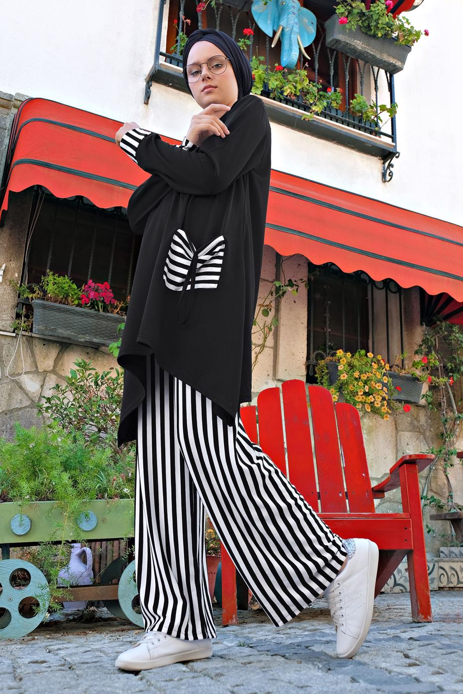 Tesettür giyim SİYAH ÇİZGİLİ CEPLİ 2&prime;Lİ PANTOLONLU TAKIM 0025