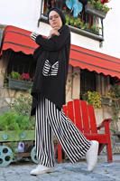 Tesettür giyim SİYAH ÇİZGİLİ CEPLİ 2&prime;Lİ PANTOLONLU TAKIM 0025