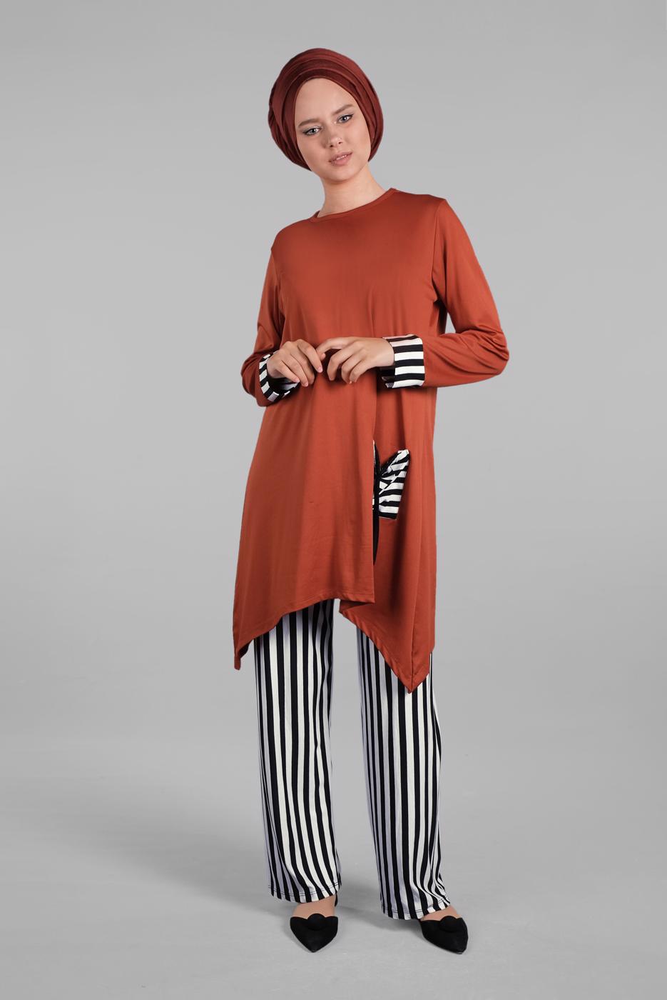 Tesettür giyim TURUNCU ÇİZGİLİ CEPLİ 2&prime;Lİ PANTOLONLU TAKIM 0025