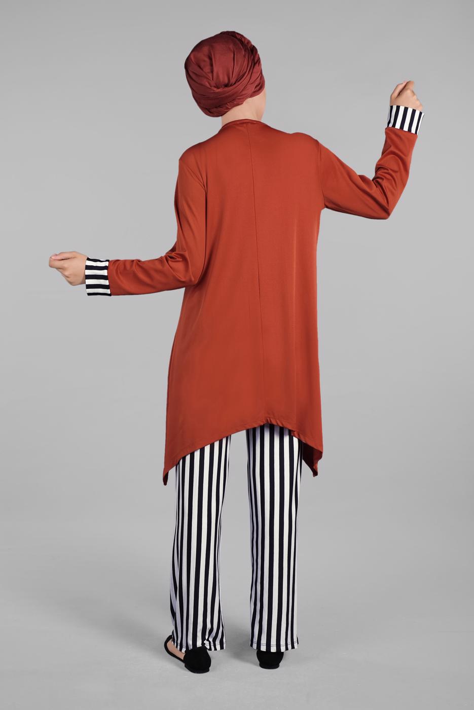 Tesettür giyim TURUNCU ÇİZGİLİ CEPLİ 2&prime;Lİ PANTOLONLU TAKIM 0025