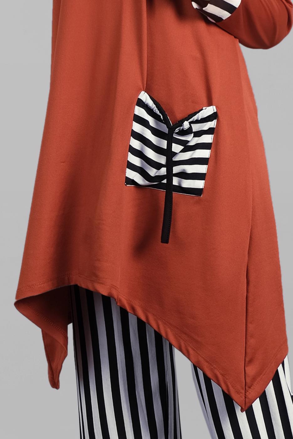 Tesettür giyim TURUNCU ÇİZGİLİ CEPLİ 2&prime;Lİ PANTOLONLU TAKIM 0025