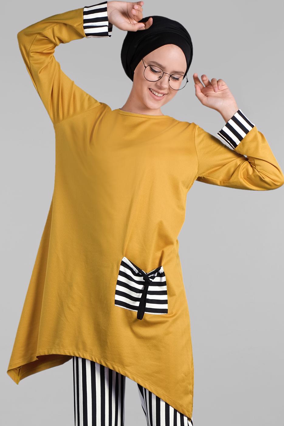 Tesettür giyim SARI ÇİZGİLİ CEPLİ 2&prime;Lİ PANTOLONLU TAKIM 0025