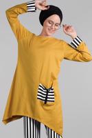 Tesettür giyim SARI ÇİZGİLİ CEPLİ 2&prime;Lİ PANTOLONLU TAKIM 0025