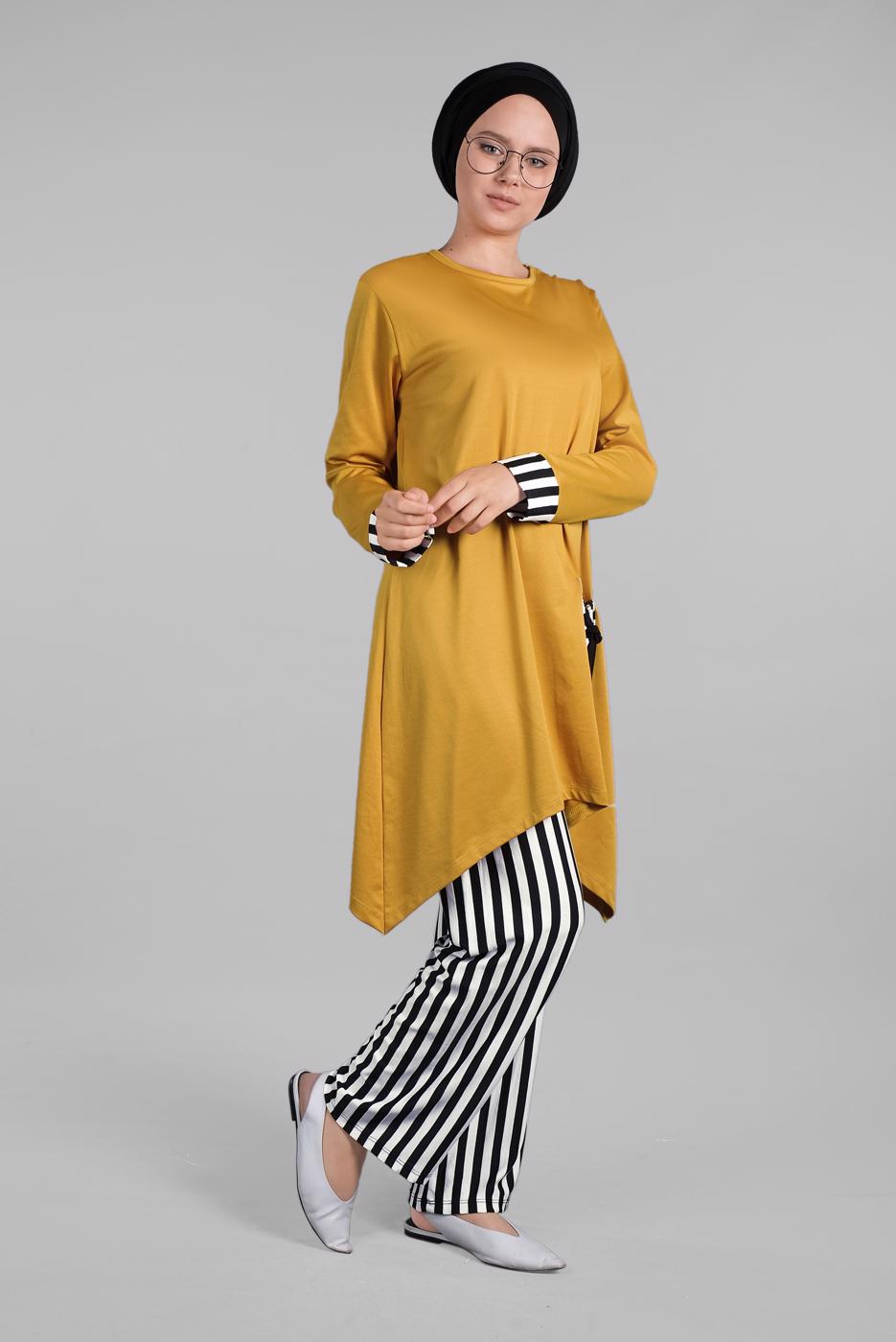 Tesettür giyim SARI ÇİZGİLİ CEPLİ 2&prime;Lİ PANTOLONLU TAKIM 0025