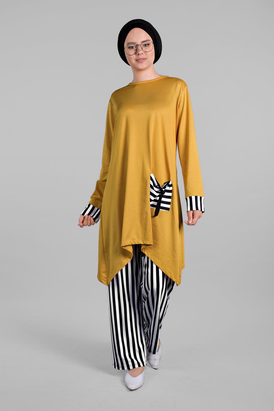 Tesettür giyim SARI ÇİZGİLİ CEPLİ 2&prime;Lİ PANTOLONLU TAKIM 0025