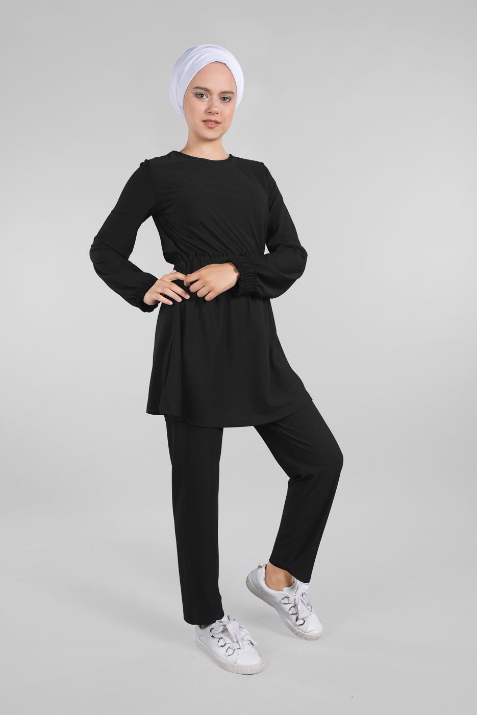 Tesettür giyim SİYAH BELİ VE MANŞETLERİ LASTİKLİ 2&prime;Lİ PANTOLONLU TAKIM 0116