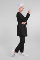 Tesettür giyim SİYAH BELİ VE MANŞETLERİ LASTİKLİ 2&prime;Lİ PANTOLONLU TAKIM 0116