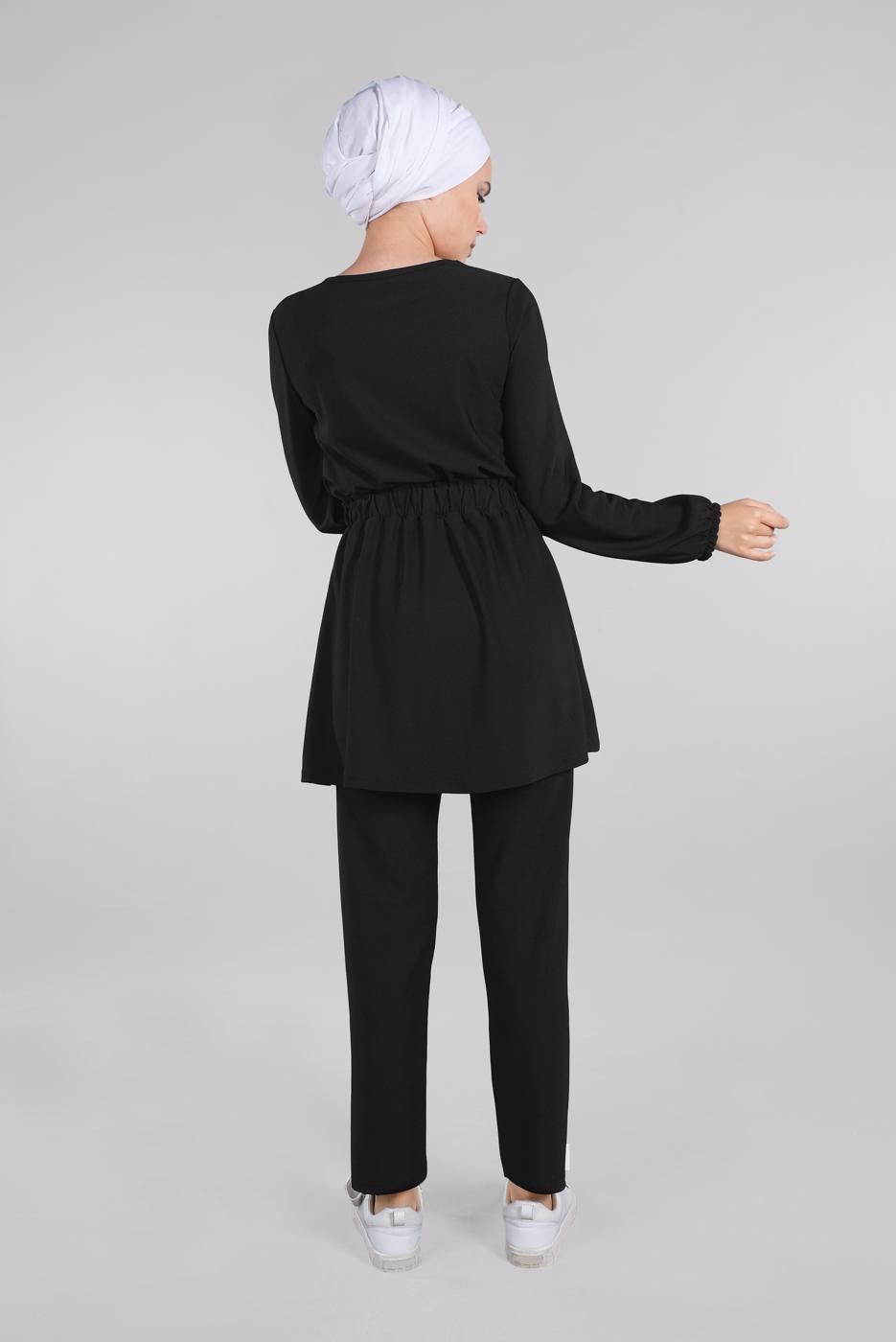 Tesettür giyim SİYAH BELİ VE MANŞETLERİ LASTİKLİ 2&prime;Lİ PANTOLONLU TAKIM 0116
