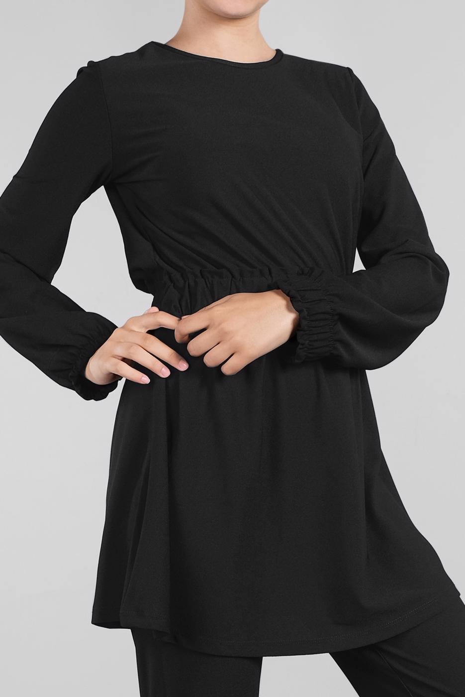 Tesettür giyim SİYAH BELİ VE MANŞETLERİ LASTİKLİ 2&prime;Lİ PANTOLONLU TAKIM 0116