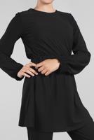 Tesettür giyim SİYAH BELİ VE MANŞETLERİ LASTİKLİ 2&prime;Lİ PANTOLONLU TAKIM 0116