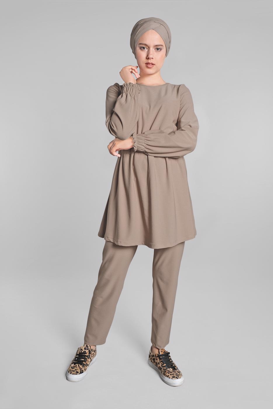 Tesettür giyim VİZON BELİ VE MANŞETLERİ LASTİKLİ 2&prime;Lİ PANTOLONLU TAKIM 0116