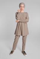 Tesettür giyim VİZON BELİ VE MANŞETLERİ LASTİKLİ 2&prime;Lİ PANTOLONLU TAKIM 0116