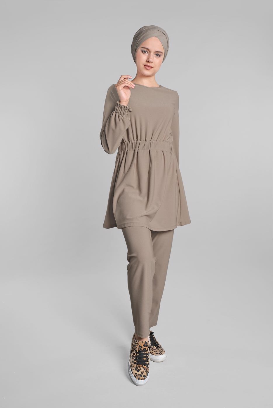 Tesettür giyim VİZON BELİ VE MANŞETLERİ LASTİKLİ 2&prime;Lİ PANTOLONLU TAKIM 0116