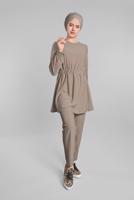 Tesettür giyim VİZON BELİ VE MANŞETLERİ LASTİKLİ 2&prime;Lİ PANTOLONLU TAKIM 0116