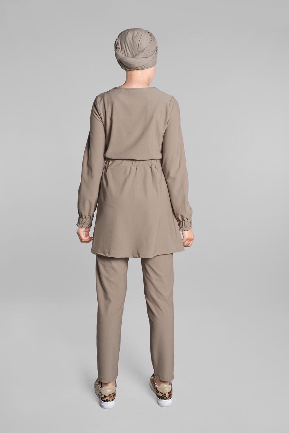 Tesettür giyim VİZON BELİ VE MANŞETLERİ LASTİKLİ 2&prime;Lİ PANTOLONLU TAKIM 0116