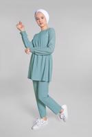 Tesettür giyim YEŞİL BELİ VE MANŞETLERİ LASTİKLİ 2&prime;Lİ PANTOLONLU TAKIM 0116
