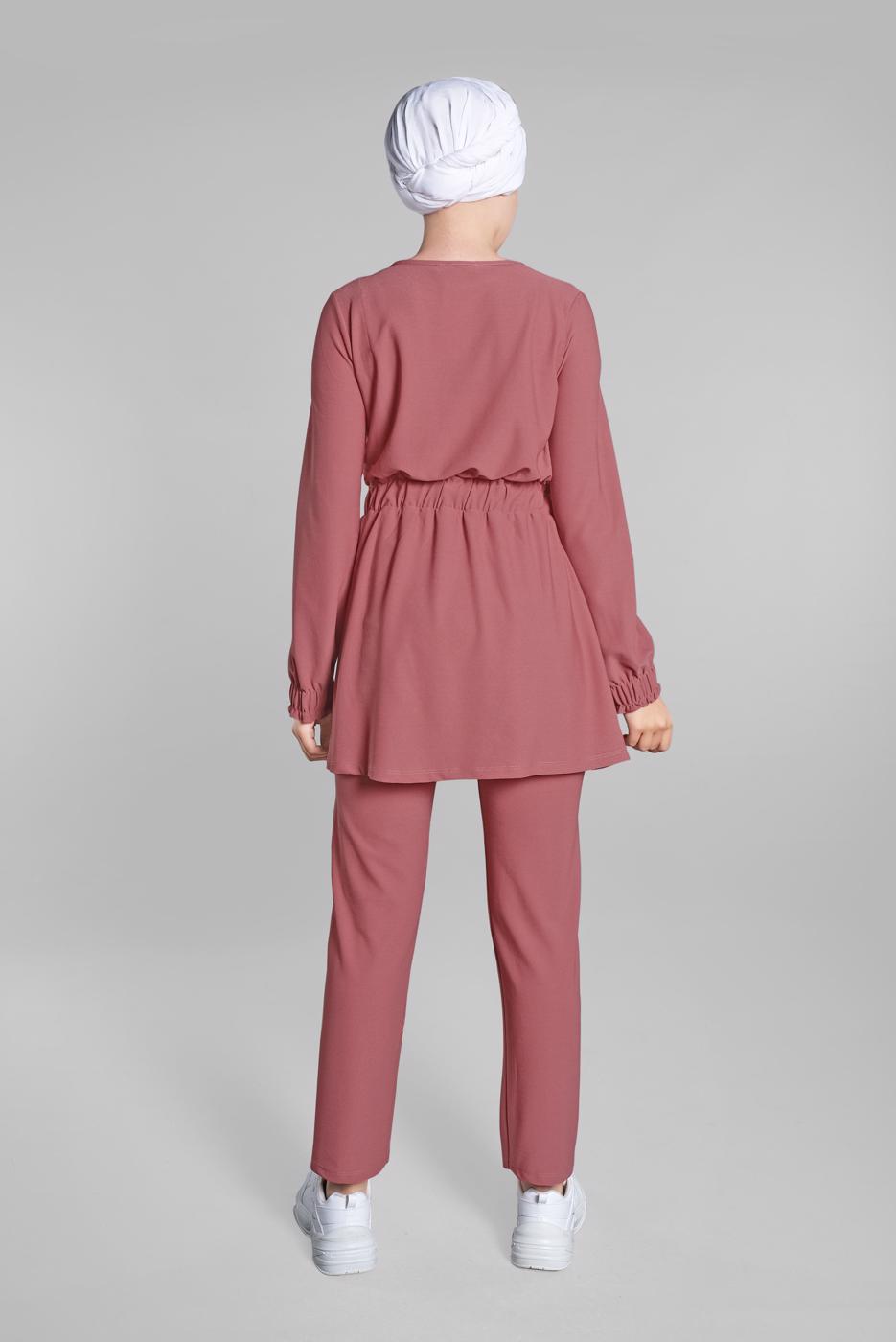 Tesettür giyim PEMBE BELİ VE MANŞETLERİ LASTİKLİ 2&prime;Lİ PANTOLONLU TAKIM 0116