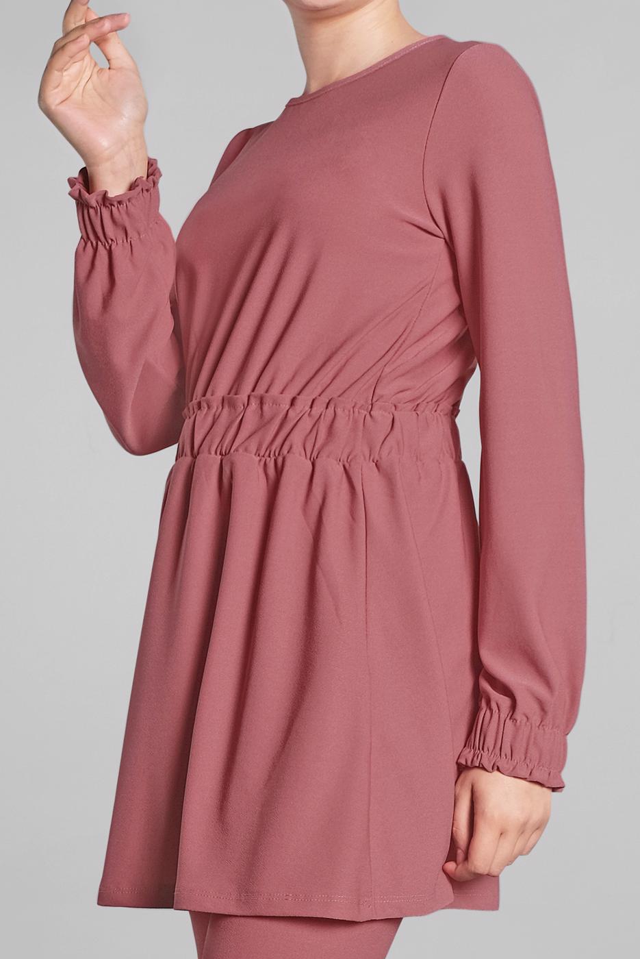 Tesettür giyim PEMBE BELİ VE MANŞETLERİ LASTİKLİ 2&prime;Lİ PANTOLONLU TAKIM 0116