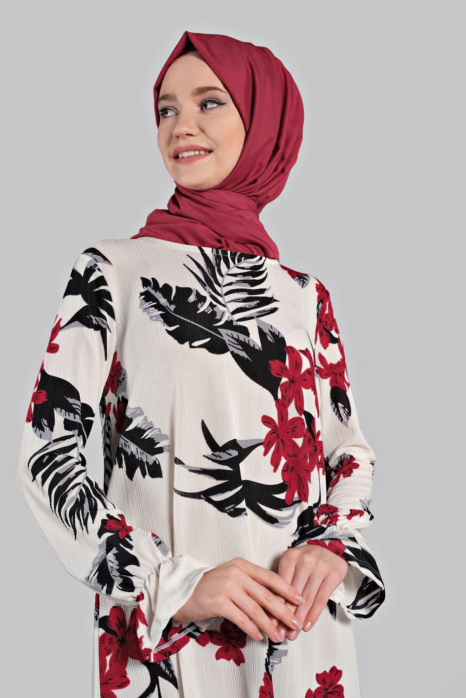 Tesettür giyim KIRMIZI ASİMETRİK KESİMLİ FİTİLLİ  2&prime;Lİ PANTOLONLU TAKIM 0121