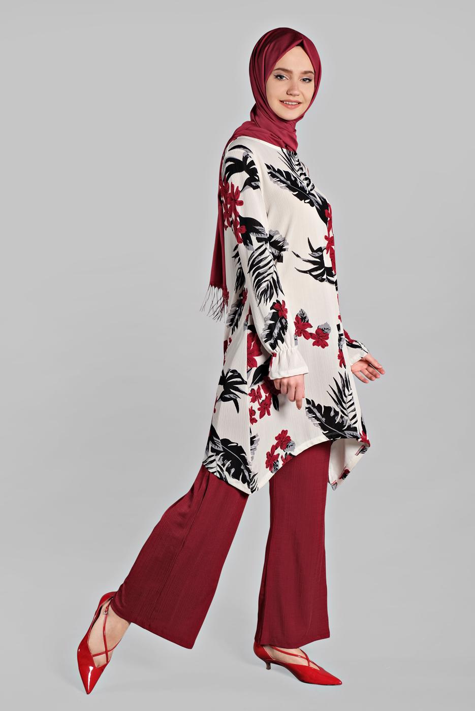 Tesettür giyim KIRMIZI ASİMETRİK KESİMLİ FİTİLLİ  2&prime;Lİ PANTOLONLU TAKIM 0121