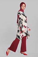 Tesettür giyim KIRMIZI ASİMETRİK KESİMLİ FİTİLLİ  2&prime;Lİ PANTOLONLU TAKIM 0121