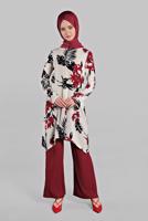 Tesettür giyim KIRMIZI ASİMETRİK KESİMLİ FİTİLLİ  2&prime;Lİ PANTOLONLU TAKIM 0121