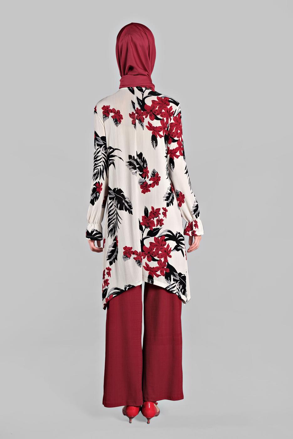 Tesettür giyim KIRMIZI ASİMETRİK KESİMLİ FİTİLLİ  2&prime;Lİ PANTOLONLU TAKIM 0121