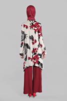 Tesettür giyim KIRMIZI ASİMETRİK KESİMLİ FİTİLLİ  2&prime;Lİ PANTOLONLU TAKIM 0121