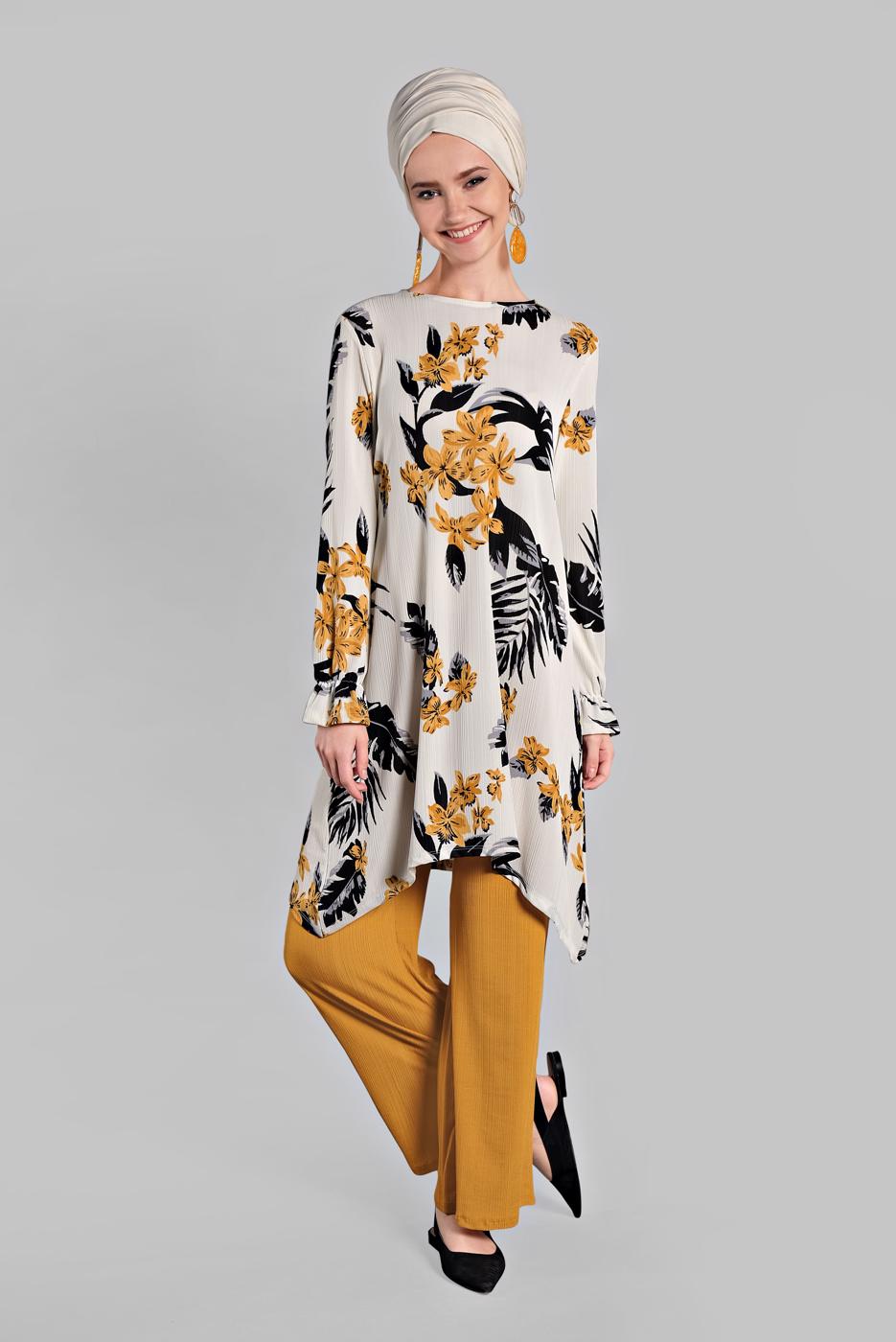 Tesettür giyim TURUNCU ASİMETRİK KESİMLİ FİTİLLİ  2&prime;Lİ PANTOLONLU TAKIM 0121